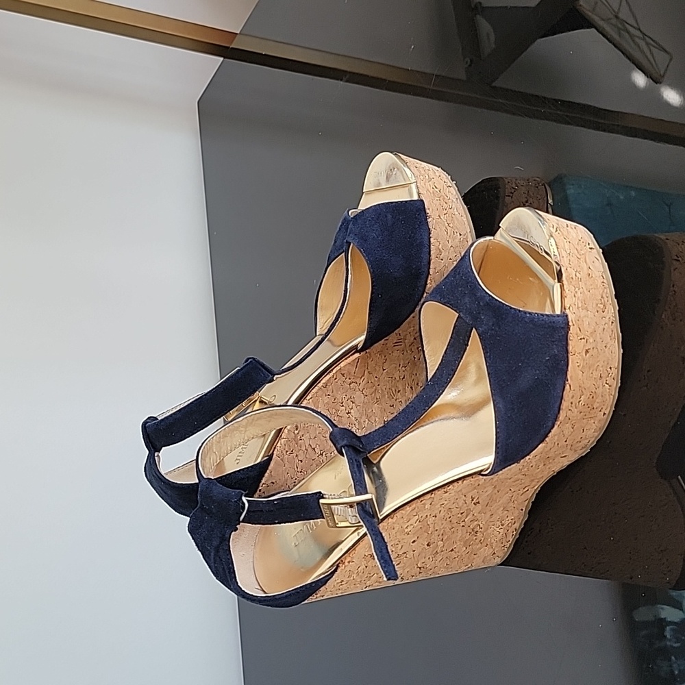 Jimmy Choo Blue Suede T Strap wedges 38.5